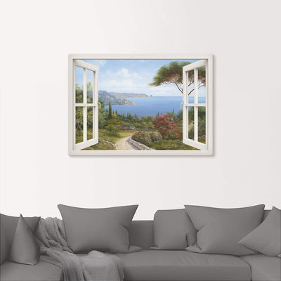 ARTland Leinwandbild Wandbild Bild auf Leinwand 70x50 cm Wanddeko Fensterblick Fenster Küste Meer Bu