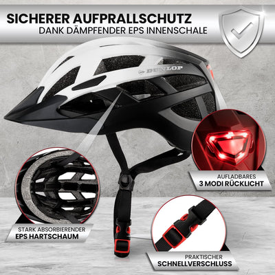 Dunlop Sports Fahrradhelm mit Licht S(52-56cm) Weiss/Schwarz, S(52-56cm) Weiss/Schwarz