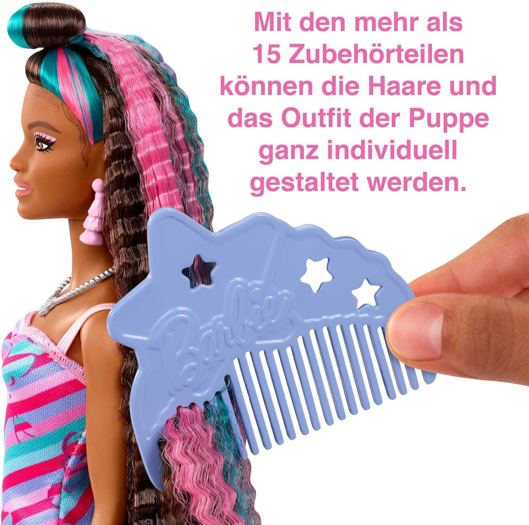 Barbie Totally Hair, Barbie-Puppe mit blauem, rosa & schwarzem Haar, buntes Schmetterlingskleid, Haa