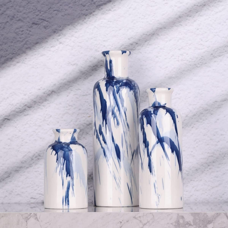 Blaue Keramikvase, 3er-Set – dekorative marineblaue und weisse Vase für Tafelaufsätze, Bauernhaus- u