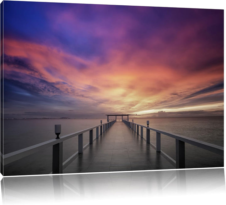 Pixxprint Endloser Steg ins Meer im Sonnenuntergang Schwarz/Weiss, Format: 100x70 auf Leinwand, 100x