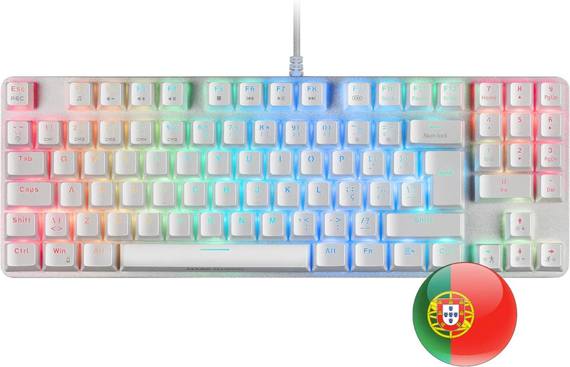 Mars Gaming MKREVOPROWBPT Weiss, Mechanische RGB Gaming Tastatur, TKL+ NUM, Blauer Switch, Portugies