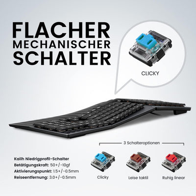 Perixx PERIBOARD-335BL DE, Kabelgebundene ergonomische mechanische Tastatur – Low-Profile Blue Click