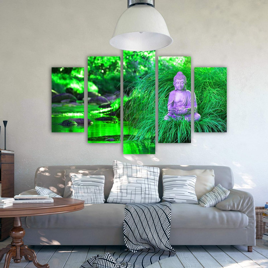 Feeby Bilder Abstrakt 300x140 cm Leinwandbild 5 Teilig XXL Kunstdruck modern Buddha grün Leinwandbil