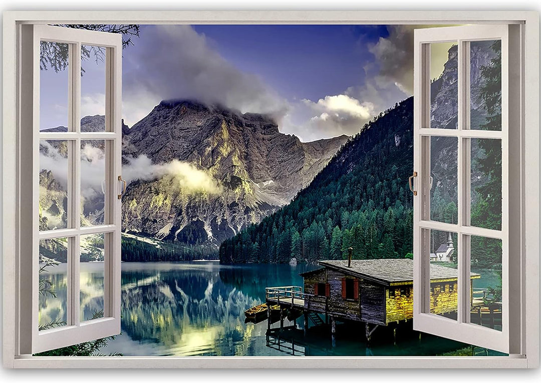 Feeby Vlies Leinwandbild Blick Durchs Fenster 3D-Effekt 90x60 cm Druckbild Wandbild Wanddekoration D