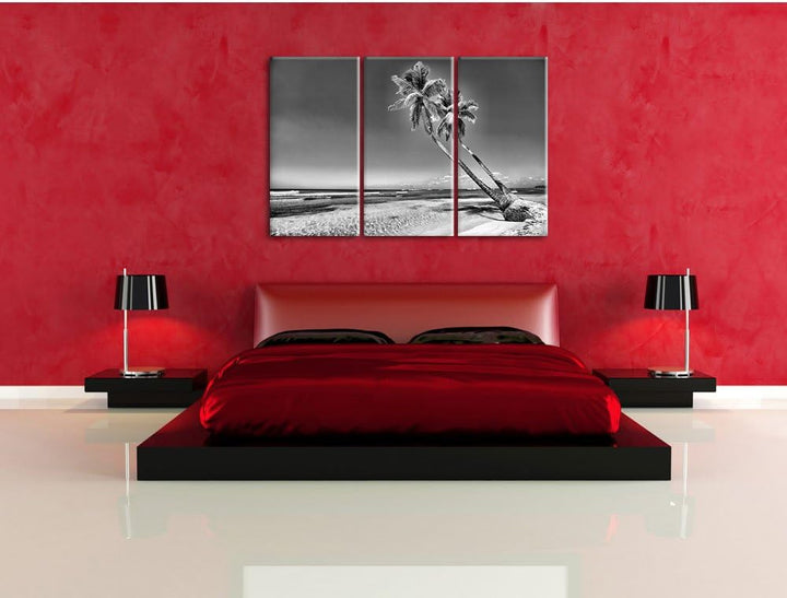 Pixxprint Monocrome, Palmen am Strand 3-Teiler Leinwandbild 120x80 Bild auf Leinwand