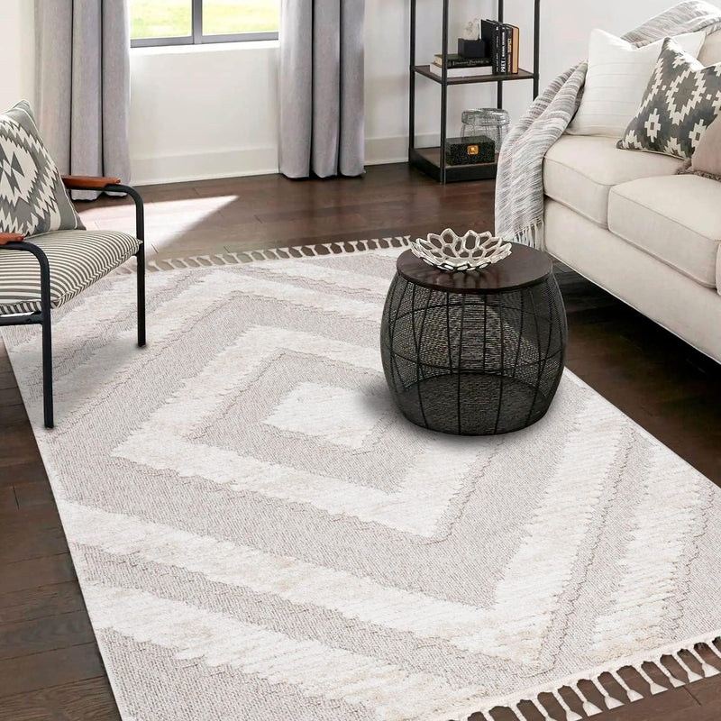 payé Teppich Wohnzimmer - 200x290cm - Creme - Raute - Hochtief Effekt - Fransen Deko Boho Flauschig