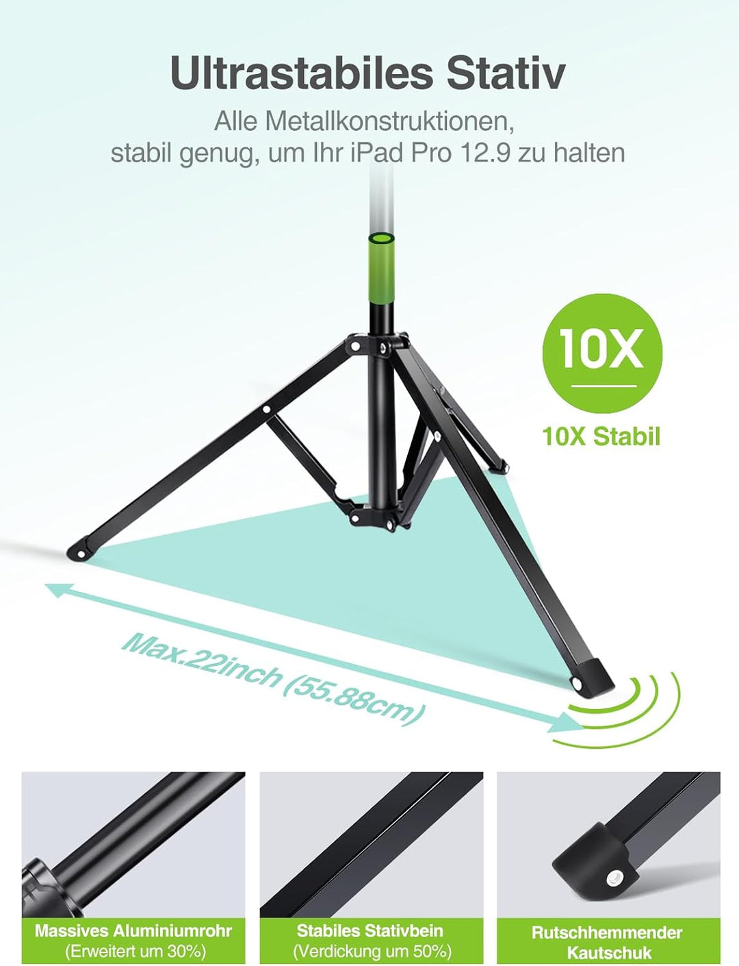 Elitehood Aluminium Tablet Stativ Halterung, iPad Ständer - Höhenverstellbar bis 65'' Halter Stativ