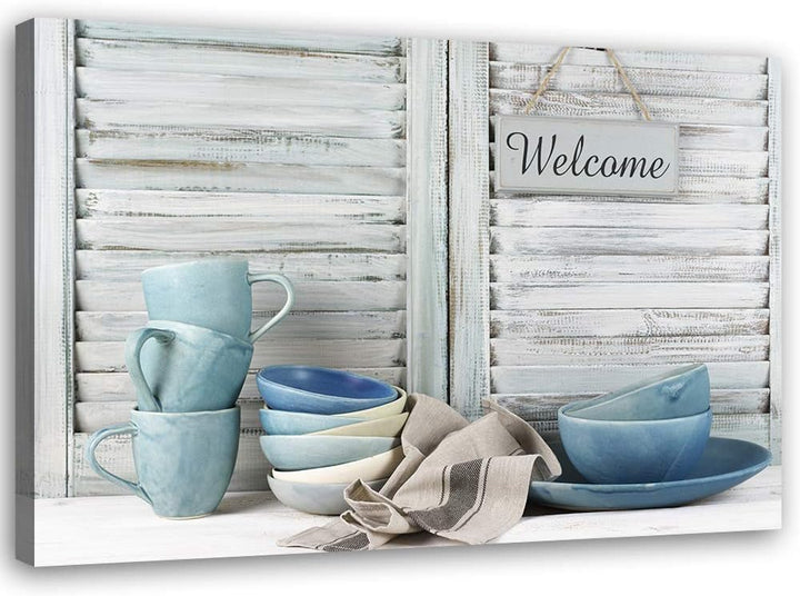 Feeby Bild auf Vlies Leinwand Tassen Und Teller 90x60 cm Kunstdruck Modern Wandbilder Deko Flur Wohn