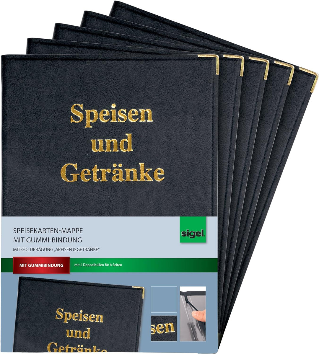 SIGEL SM100/5 Speisekarten-Mappen für A4, Menükarte, 5er Pack, mit Gummi-Bindung, schwarz mit Goldpr