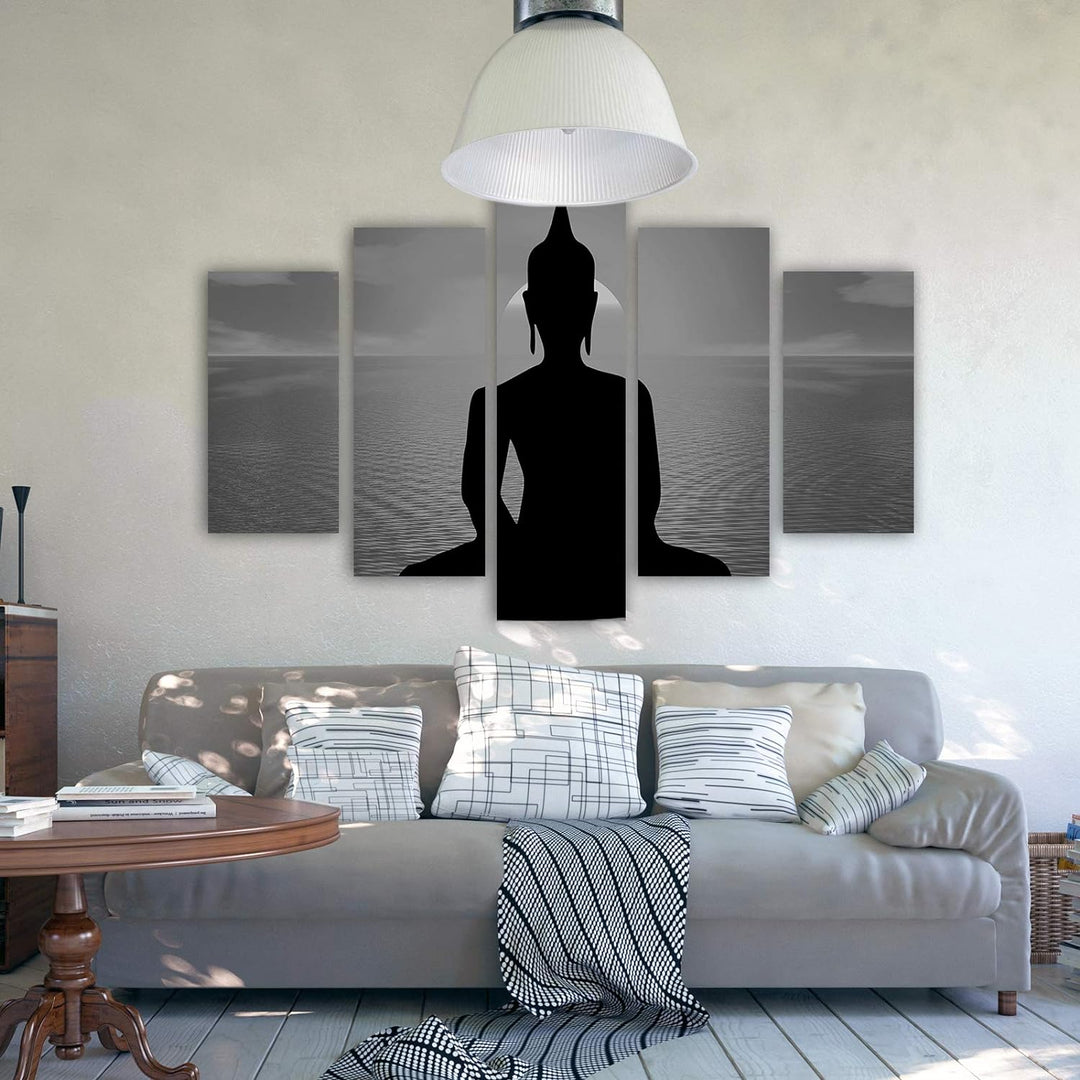 Feeby Bilder Buddha 250x120 cm Leinwandbild 5 Teilig XXL Kunstdruck modern Meer schwarz Leinwandbild