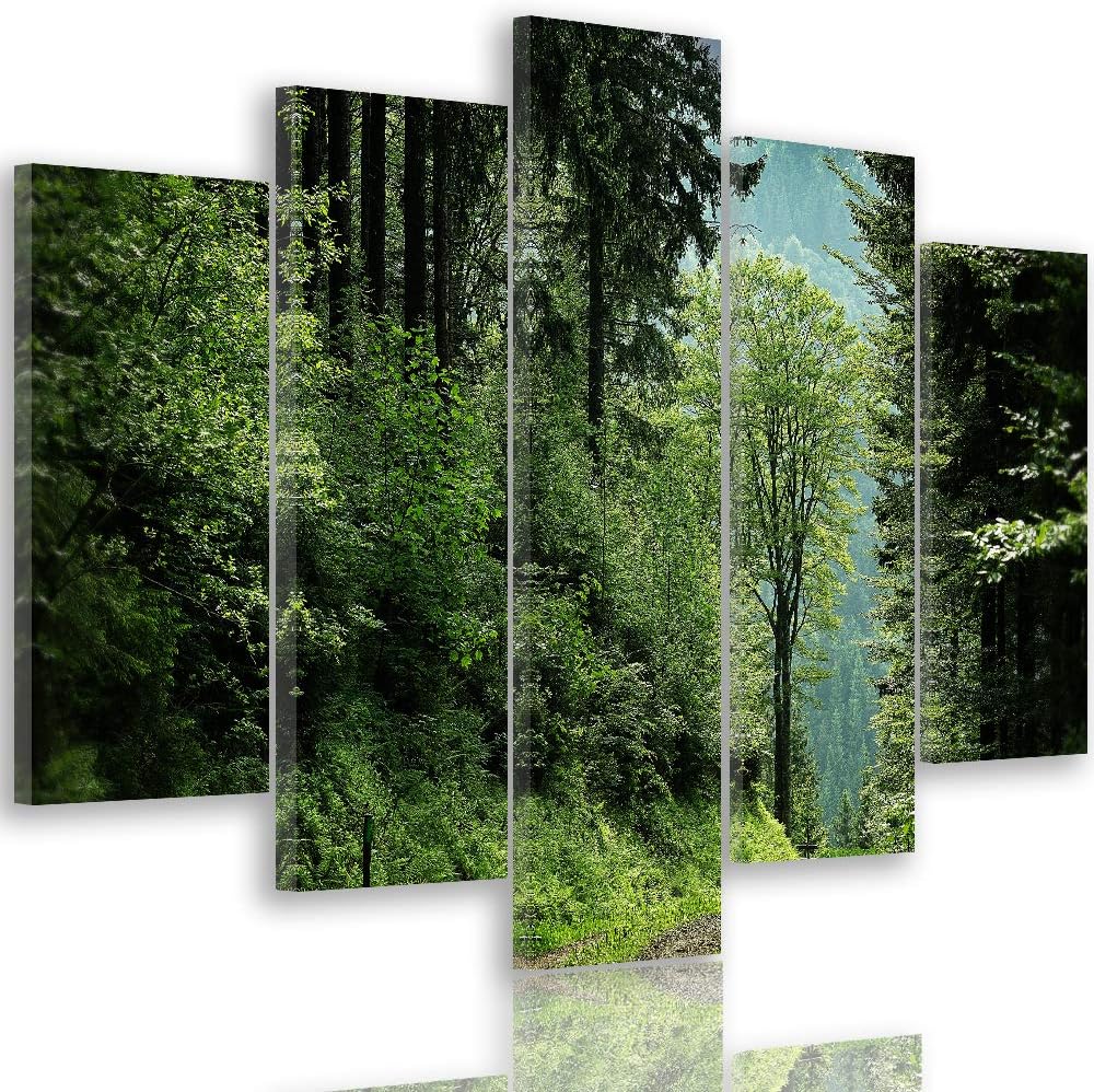Feeby Bild auf Leinwand Landschaft 5 Teilig Modern Natur Wald Bäume grün 200x100 cm Leinwandbild 200