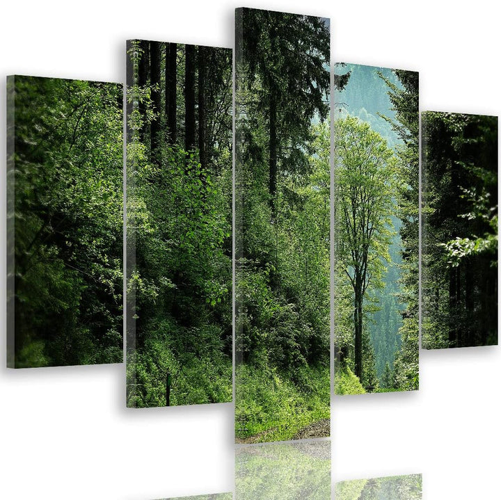 Feeby Bild auf Leinwand Landschaft 5 Teilig Modern Natur Wald Bäume grün 200x100 cm Leinwandbild 200