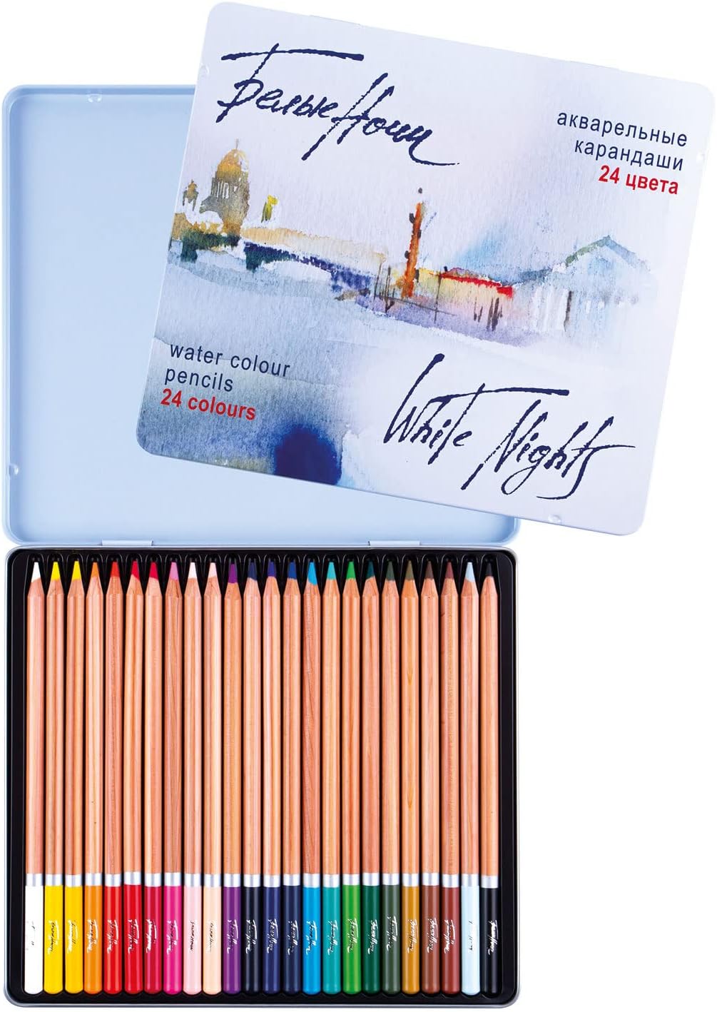 Honsell 80126 - White Nights Aquarellstifte 24er Set im Metalletui, holzgefasste Stifte mit hoher Fa