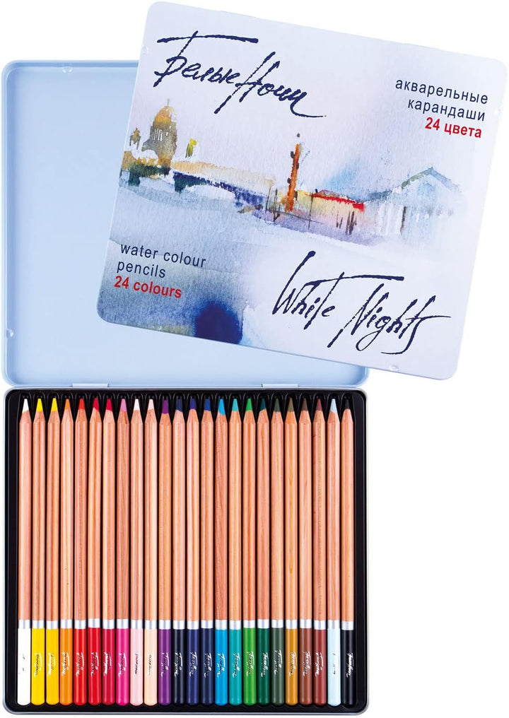 Honsell 80126 - White Nights Aquarellstifte 24er Set im Metalletui, holzgefasste Stifte mit hoher Fa