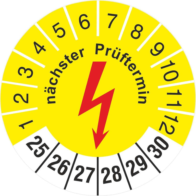 2500 Stück nächster Elektrotechnik Prüftermin 2025-2030 Prüfplakette 30 mm Durchmesser Prüfetiketten