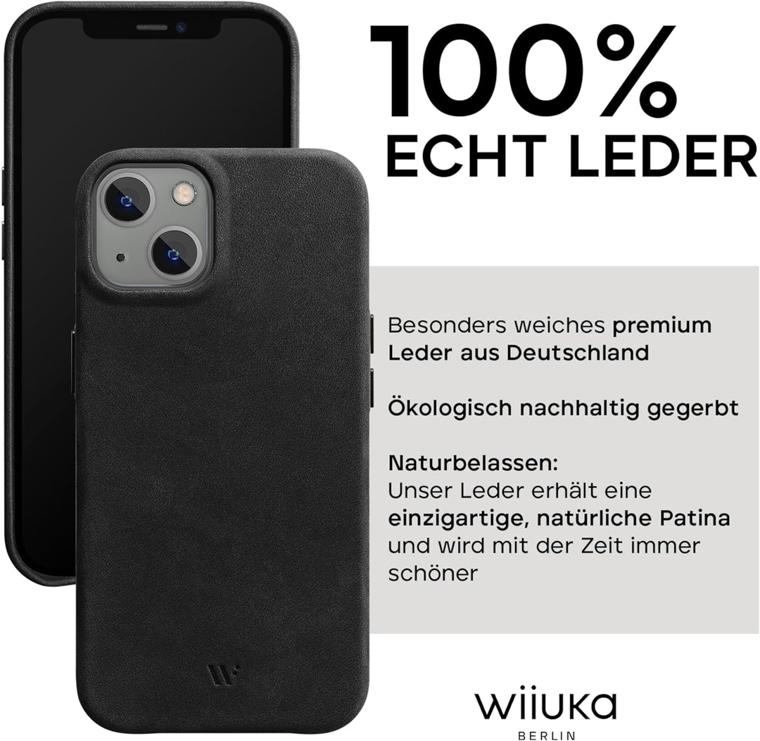 WIIUKA Hülle für iPhone 15, Leder aus Deutschland, Lederhülle extra Dünn, Premium Handyhülle, Case,