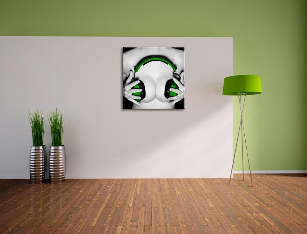 Dark Sexy Girl grüne Kopfhörer schwarz/weiss, Format: 70x70 auf Leinwand, 70x70