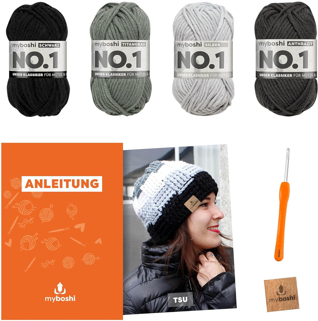 myboshi Häkelset Bommelmütze Tsu, inkl. No.1 Wolle, Nadel und Anleitung, für Mützen und Schals, Häke