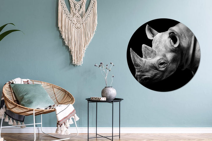 MuchoWow Wandbild Rund Wanddeko Deko Wohnzimmer Bilder 90x90 cm Tiere - Nashorn - Schwarz - Weiss -