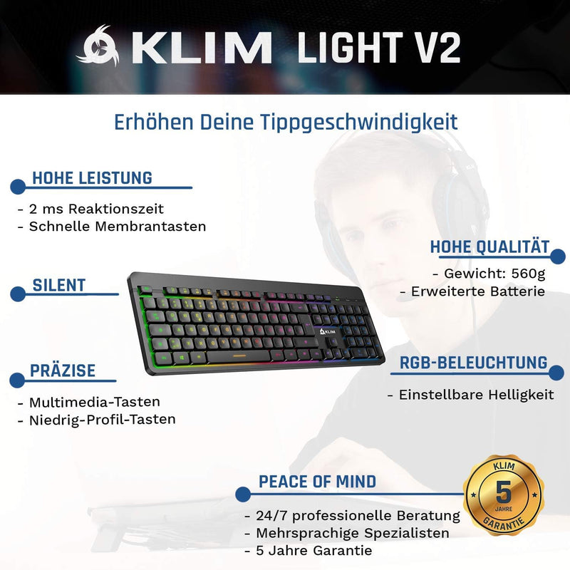 KLIM Light V2 Gaming Tastatur Kabellos QWERTZ + NEU 2023 + flach, ergonomisch, dezent, wasserresiste