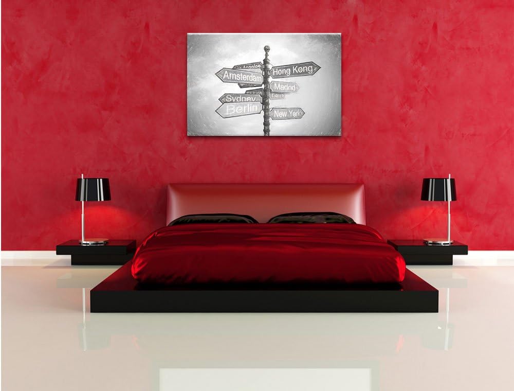 Pixxprint Städte Wegweiser Kunst als Leinwandbild/Grösse: 100x70 cm/Wandbild/Kunstdruck/fertig bespa