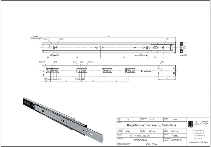 Junker 2 Paar Vollauszüge KV1-45-H45- L550-SC 550 mm mit Selbsteinzug u. Dämpfung (SoftClose) Schubl