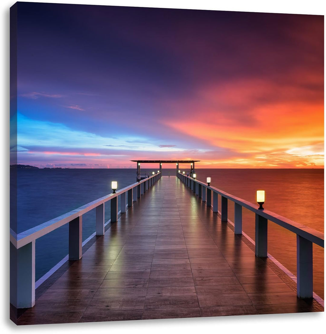 Moderner Holzsteg ins Meer, Format: 70x70 auf Leinwand, XXL riesige Bilder fertig gerahmt mit Keilra