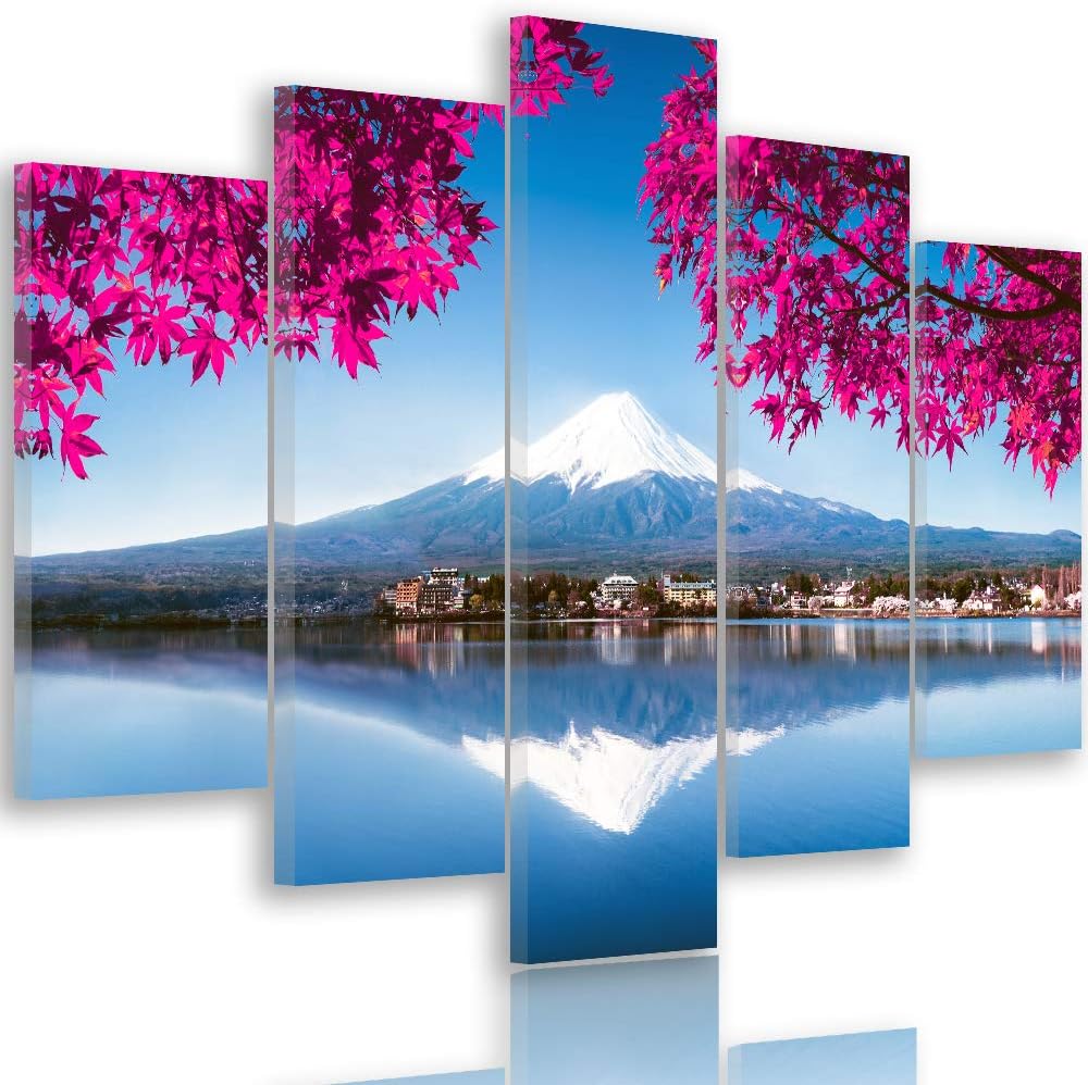 Feeby Bilder Berg 100x70 cm - Leinwandbild - 5 Teilig - Kunstdruck See Blätter rosa Leinwandbild 100