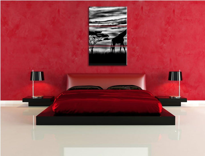 Pixxprint Monocrome, Afrika Giraffen im Sonnenuntergang 3-Teiler Leinwandbild 120x80 Bild auf Leinwa