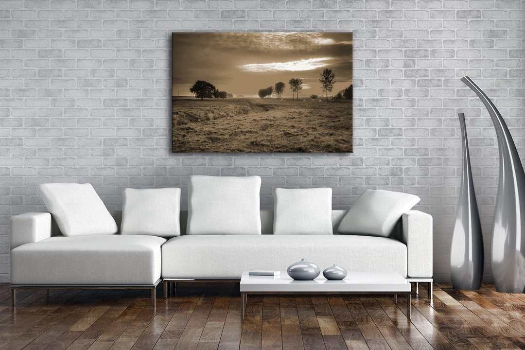 Sonnenaufgang auf den Wiesen Format: 100x70 Effekt: Sepia als Leinwand, Motiv fertig gerahmt auf Ech