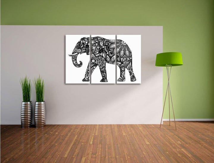 Pixxprint Elefant mit Ornamenten als Leinwandbild | Grösse: 3 Teilig (120x80) | Wandbild| Kunstdruck