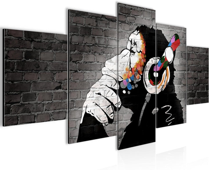 Runa Art Wandbilder Banksy Affe mit Kopfhörer 5 Teilig Bild auf Vlies Leinwand Deko Loft Wohnzimmer
