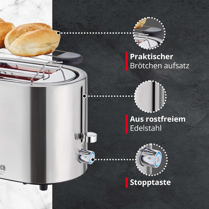 MEISTERKOCH Toaster 2 Scheiben mit Brötchenaufsatz | 6 Bräunungsstufen mit Bräunungskontrolle, Krüme