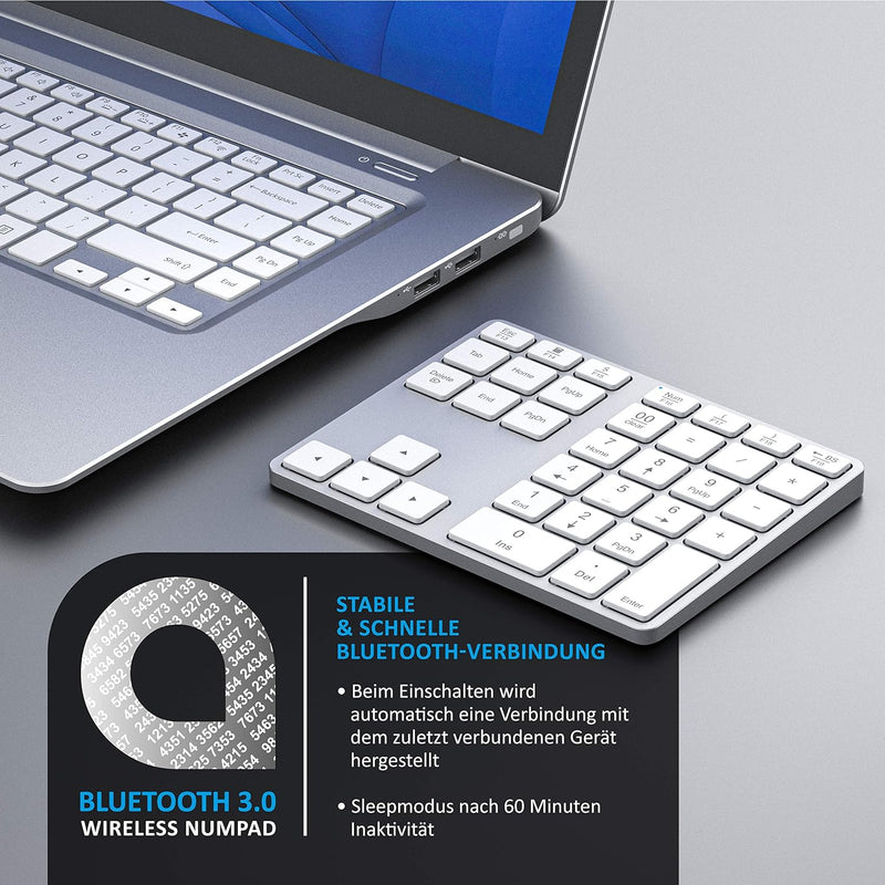 CSL - Bluetooth Numpad - Wireless Ziffernblock mit Multifunktionstasten – Keypad Aluminium - 35 Tast