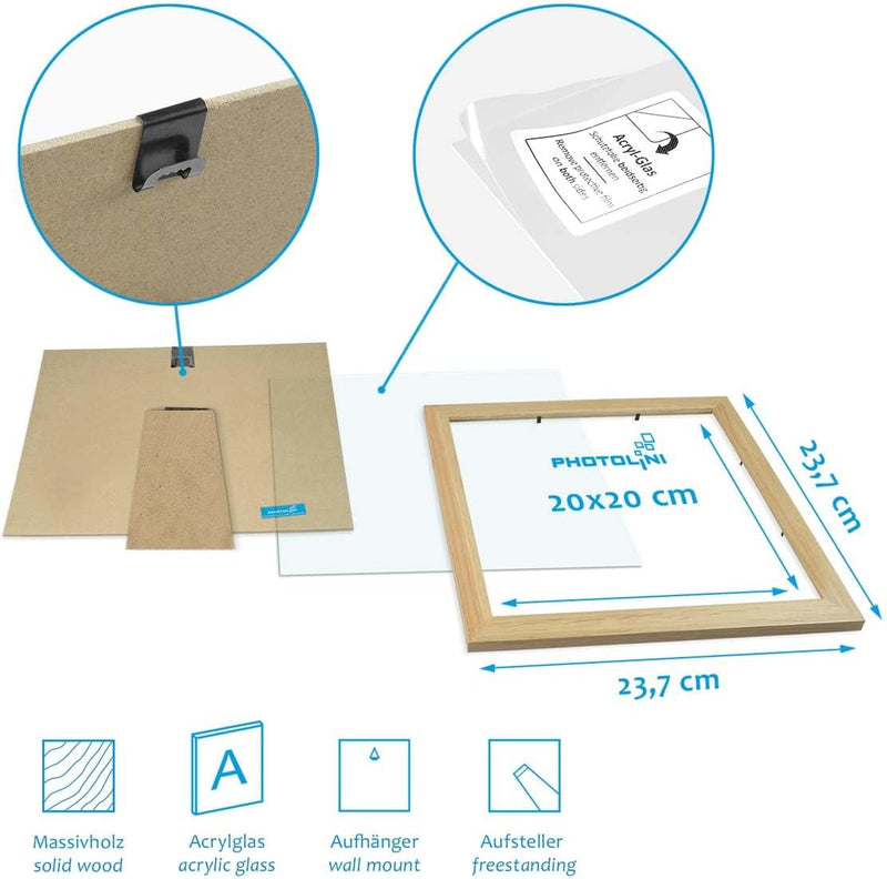 PHOTOLINI Bilderrahmen 20x20 cm Eiche Massivholz, breite Rahmen, 10er Set, modern, bruchsicheres Acr