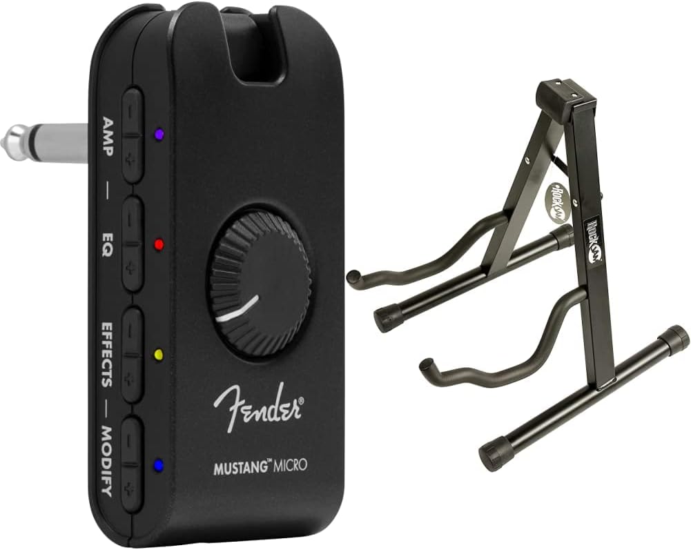 Fender Mustang Mikro-Verstärker, Schwarz, 2311300000 & Rockjam Universal Tragbarer A-Frame-Gitarrens