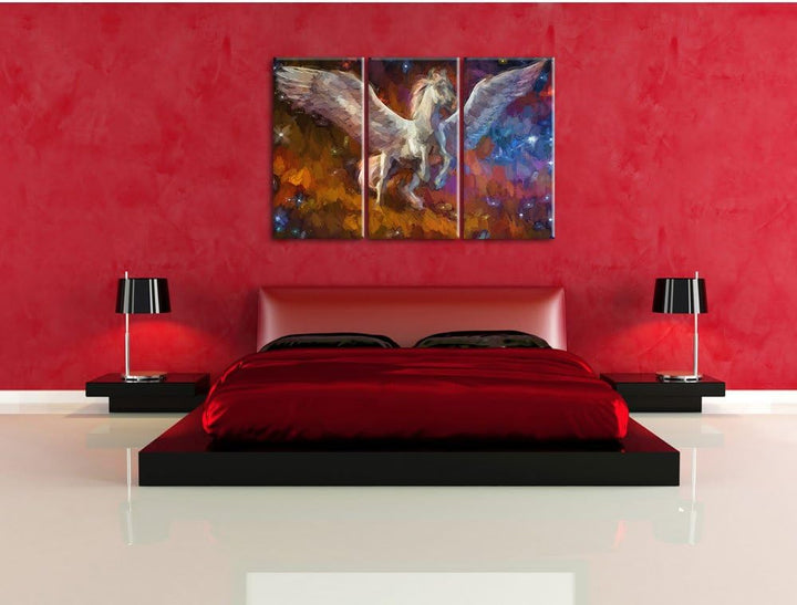 Pixxprint Weisser Pegasus mit Engelsflügel Kunst Pinsel Effekt 3-Teiler Leinwandbild 120x80 Bild auf