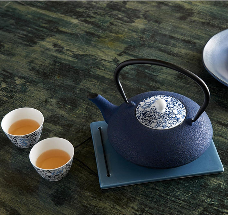 Teekanne asiatisch Gusseisen Set blau 1.2 Liter mit Edelstahl Tee-Filter-Sieb-Einsatz für losen Tee