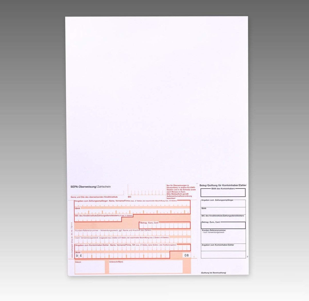 500 x Überweisungsträger Überweisungsformular SEPA Zahlschein A4 unten links 732111 Menge wählbar 50
