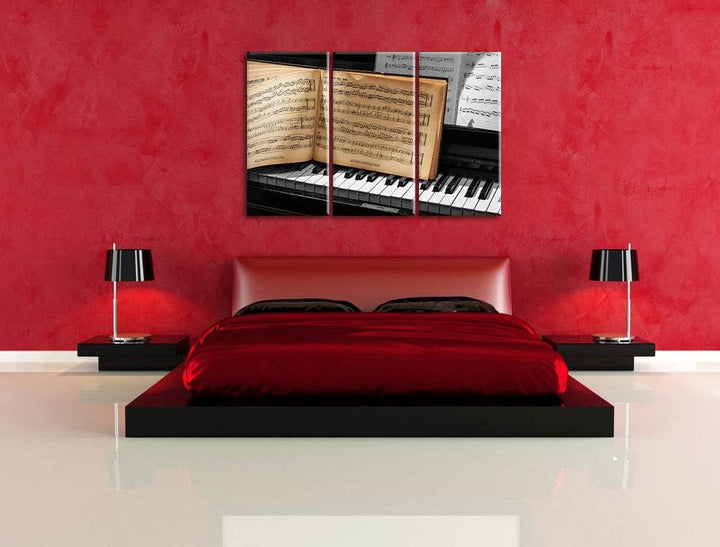 Pixxprint Notenbuch auf Piano als Leinwandbild | Grösse: 3 Teilig (120x80) | Wandbild| Kunstdruck |