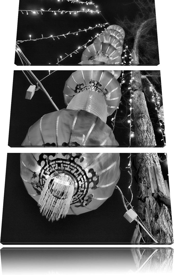 Pixxprint Monocrome, traditionelle chinesische Lampions 3-Teiler Leinwandbild 120x80 Bild auf Leinwa