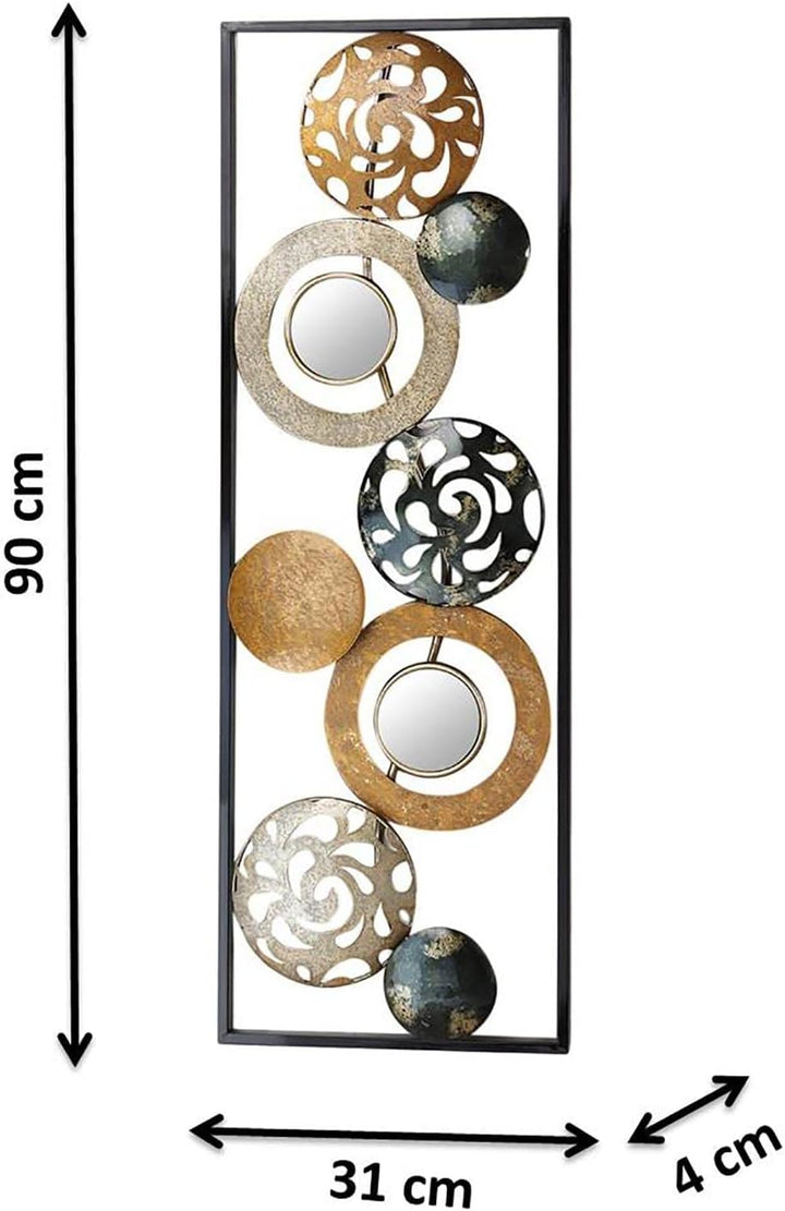 Kobolo Metall-Wandbild Wanddeko Metallbild - mit Ringen, Kreisen und Spiegeln - 90x31 cm
