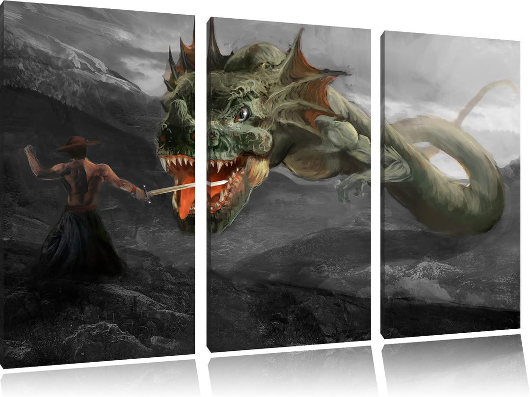 Pixxprint Drache kämpft gegen Krieger als Leinwandbild/Grösse: 3 Teilig (120x80) cm/Wandbild/Kunstdr