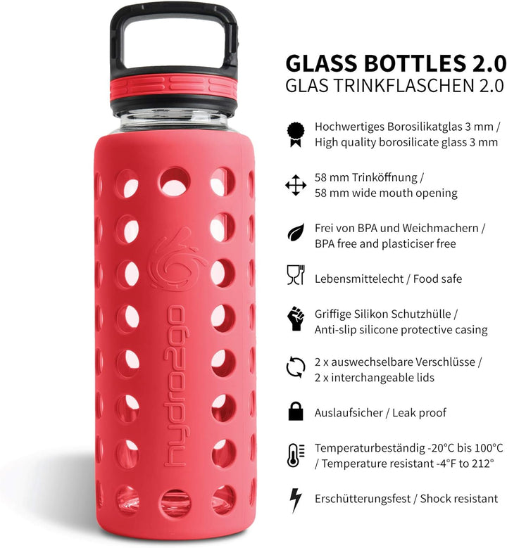 hydro2go® Trinkflasche aus Glas mit Silikonhülle 950 ml - spülmaschinenfest | 2 auswechselbare Decke