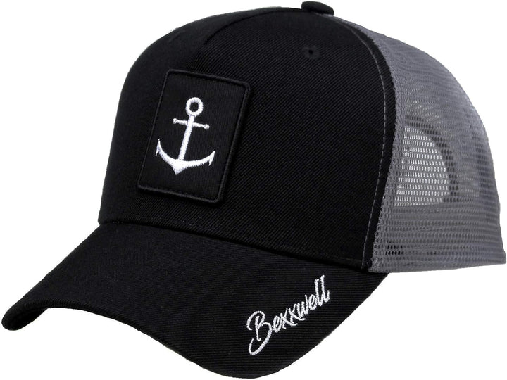 Bexxwell Trucker Cap schwarz/grau mit Anker-Patch (optimale Passform, Kappe, Black, Truckercap, Anke