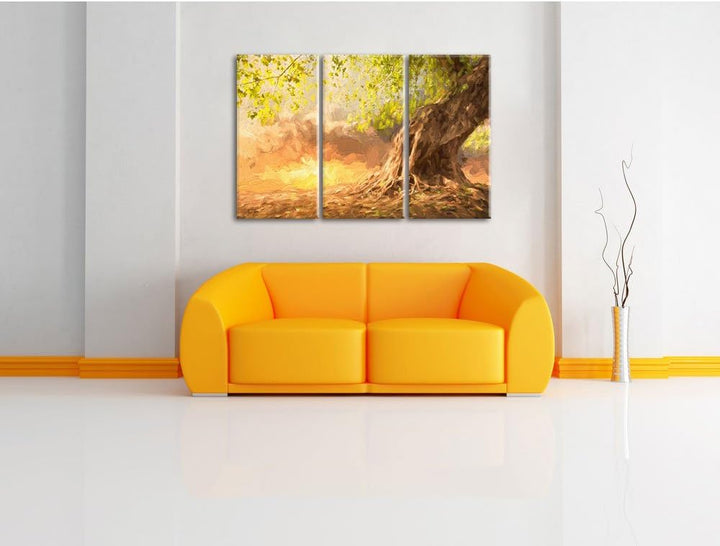Pixxprint Verwurzelter starker Baum im Sonnenuntergang Kunst Pinsel Effekt 3-Teiler Leinwandbild 120