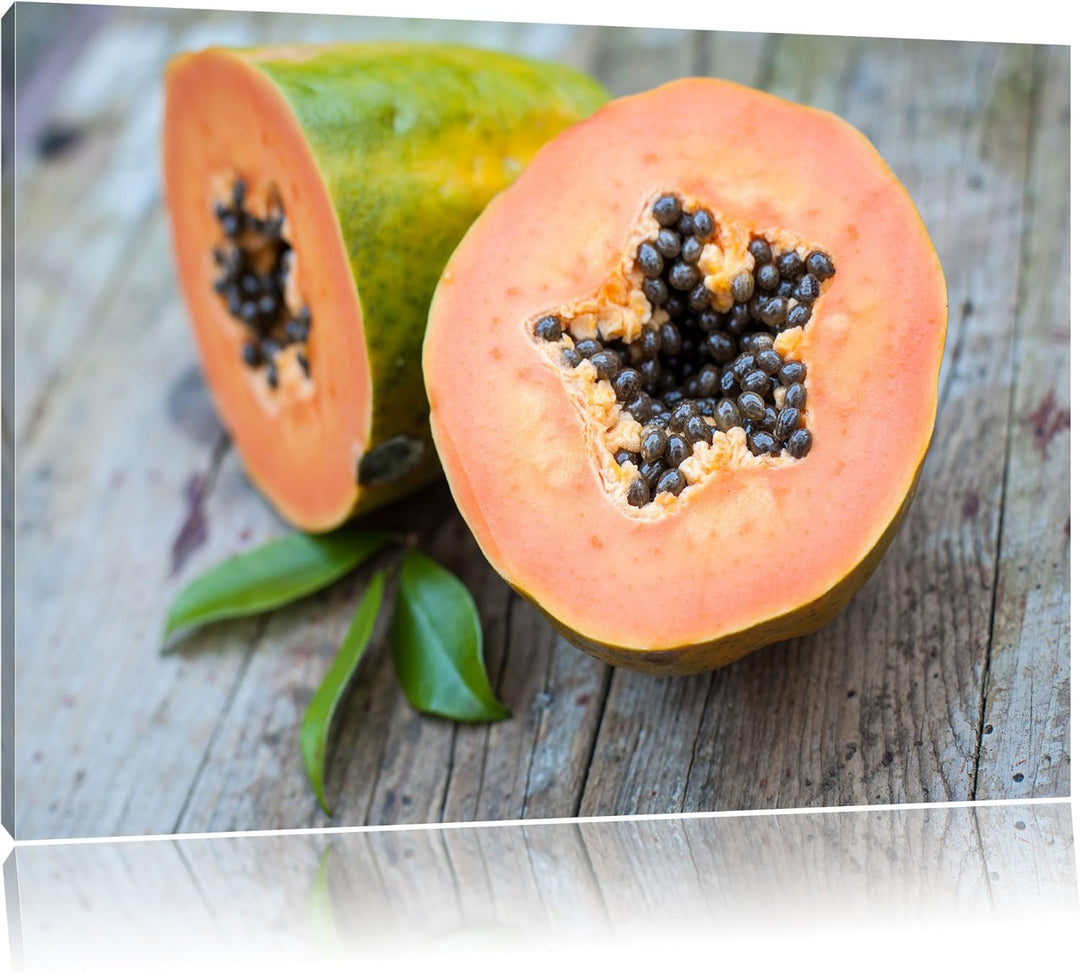 Pixxprint Genüssliche Papaya aufgeschnitten als Leinwandbild/Grösse: 100x70 / Wandbild/Kunstdruck/fe