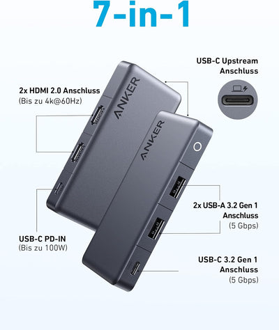 Anker 343 USB C Hub (7-in-1) mit 100W Power Delivery, Dual 4K HDMI Anschlüssen, 1x USB-C Upstream Po