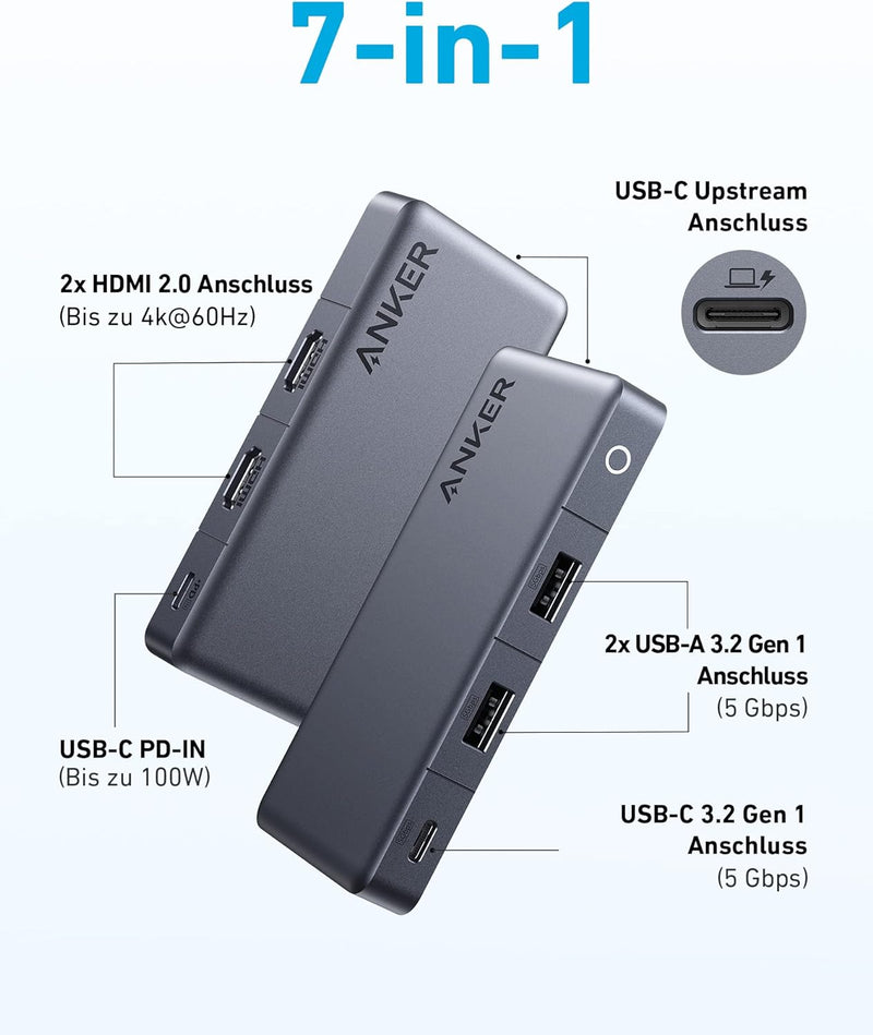 Anker 343 USB C Hub (7-in-1) mit 100W Power Delivery, Dual 4K HDMI Anschlüssen, 1x USB-C Upstream Po